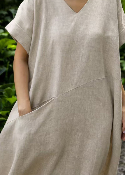 Patchwork Summer Linen Art Oversized Dresses Holiday Beige FashionChic