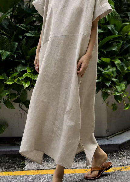 Patchwork Summer Linen Art Oversized Dresses Holiday Beige FashionChic