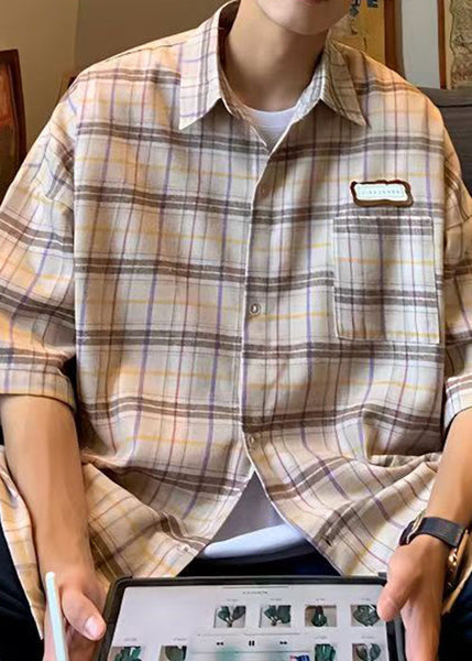 Plaid Summer Beige Art Shirt Button Men Cotton FashionChic