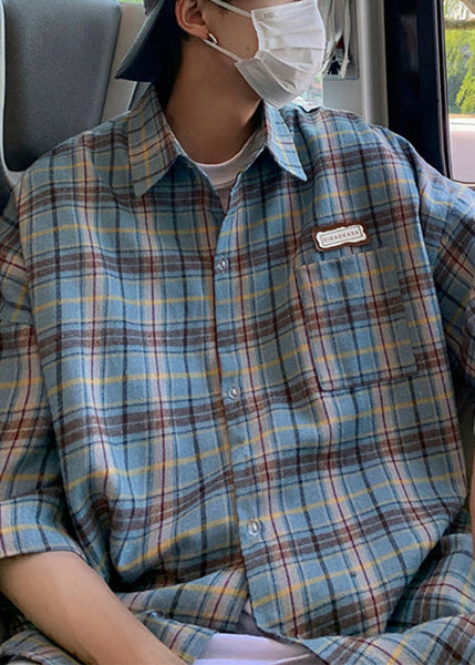 Plaid Summer Beige Art Shirt Button Men Cotton FashionChic