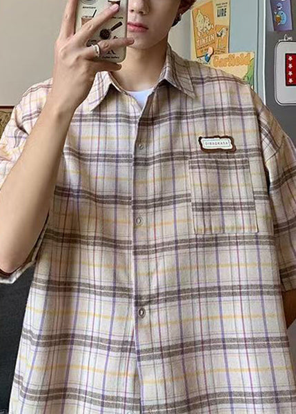 Plaid Summer Beige Art Shirt Button Men Cotton FashionChic