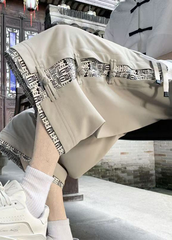 Patchwork Pants Cotton Crop Summer Beige Print Button Art Men FashionChic