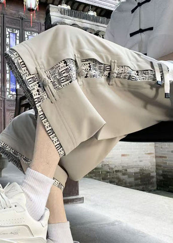 Patchwork Pants Cotton Crop Summer Beige Print Button Art Men FashionChic