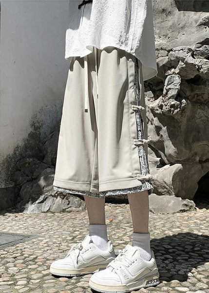 Patchwork Pants Cotton Crop Summer Beige Print Button Art Men FashionChic