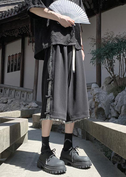 Patchwork Pants Cotton Crop Summer Beige Print Button Art Men FashionChic