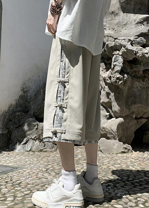 Patchwork Pants Cotton Crop Summer Beige Print Button Art Men FashionChic