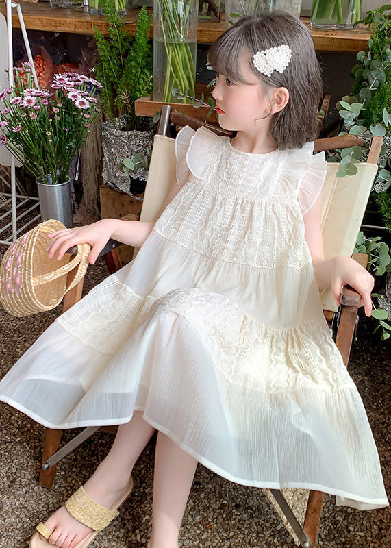 Art Beige Ruffled Hollow Out Cotton Girls Long Dress Summer EW050 WS-RCTZSDGL240809