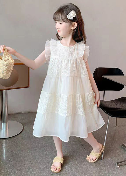 Art Beige Ruffled Hollow Out Cotton Girls Long Dress Summer EW050 WS-RCTZSDGL240809