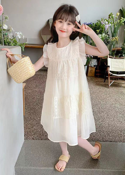 Art Beige Ruffled Hollow Out Cotton Girls Long Dress Summer EW050 WS-RCTZSDGL240809