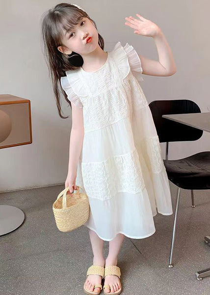 Art Beige Ruffled Hollow Out Cotton Girls Long Dress Summer EW050 WS-RCTZSDGL240809