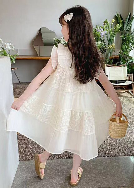 Art Beige Ruffled Hollow Out Cotton Girls Long Dress Summer EW050 WS-RCTZSDGL240809