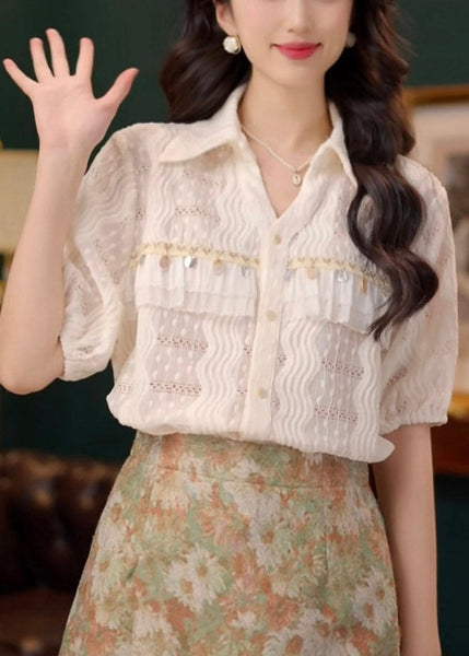 Hollow Lace Summer Beige Cotton Blouses Art Out Sequins FashionChic