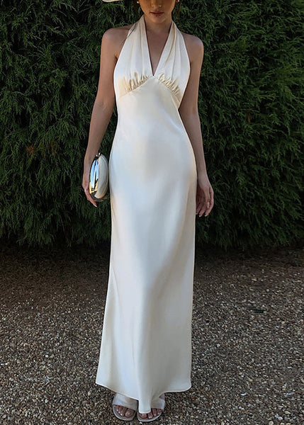 Backless Beige Neck Long Solid Sleeveless Dresses Art V Silk FashionChic