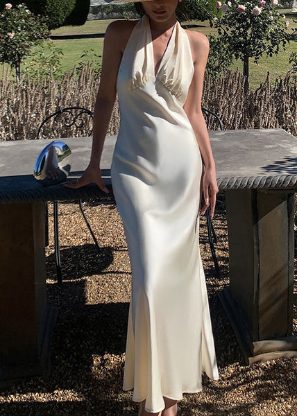 Backless Beige Neck Long Solid Sleeveless Dresses Art V Silk FashionChic