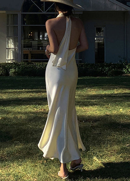 Backless Beige Neck Long Solid Sleeveless Dresses Art V Silk FashionChic