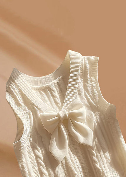 Art Beige V Neck Bow Cozy Knit Waistcoat Sleeveless QI010 OM-BB241005