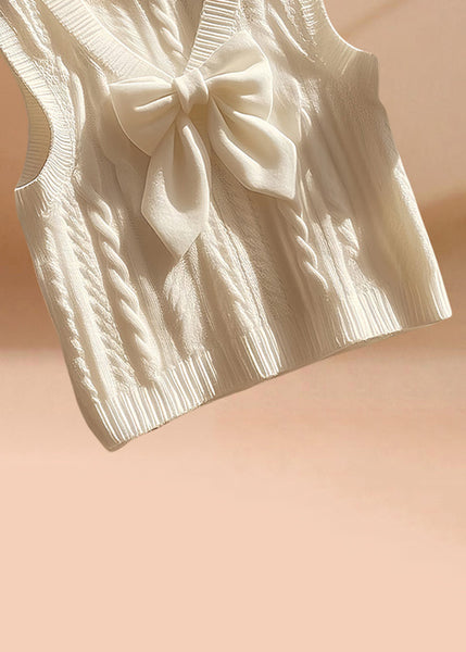 Art Beige V Neck Bow Cozy Knit Waistcoat Sleeveless QI010 OM-BB241005