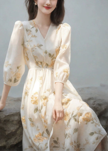 Art Beige V Neck High Waist Chiffon Dress Bracelet Sleeve KJ003 ZS-SDL240715