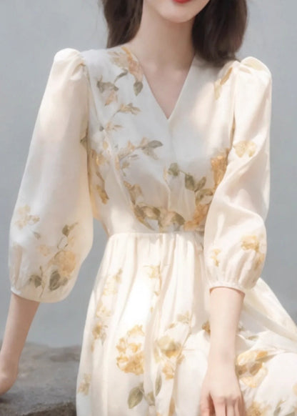 Art Beige V Neck High Waist Chiffon Dress Bracelet Sleeve KJ003 ZS-SDL240715