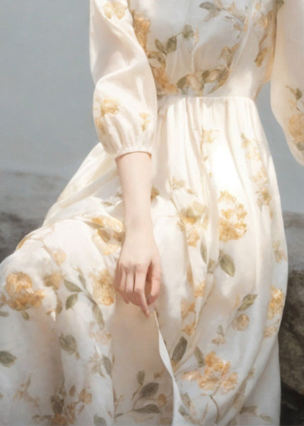 Art Beige V Neck High Waist Chiffon Dress Bracelet Sleeve KJ003 ZS-SDL240715