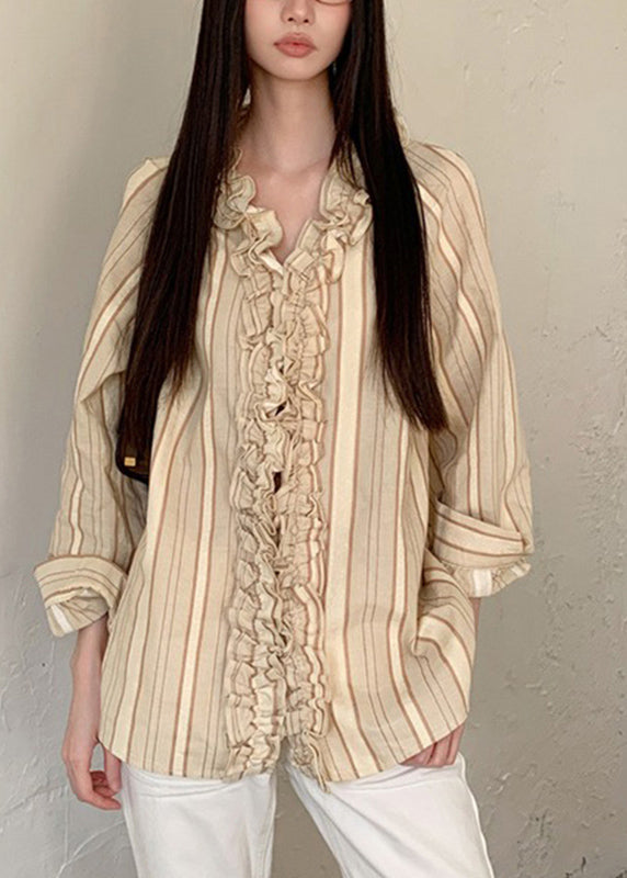 Art Beige V Neck Ruffled Striped Patchwork Shirts Spring RF030 ABC
