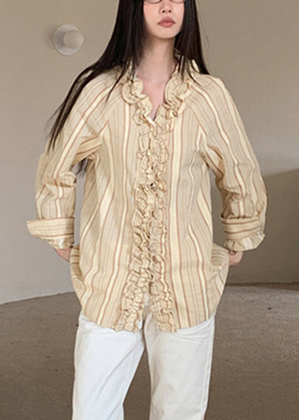 Art Beige V Neck Ruffled Striped Patchwork Shirts Spring RF030 ABC