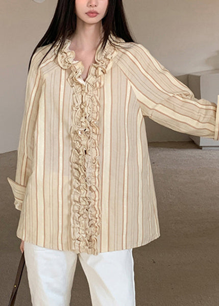 Art Beige V Neck Ruffled Striped Patchwork Shirts Spring RF030 ABC