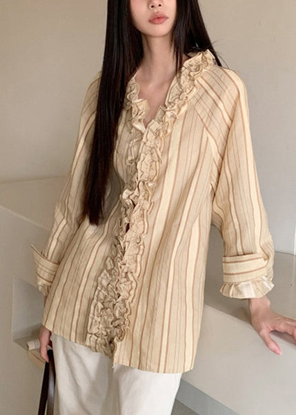 Art Beige V Neck Ruffled Striped Patchwork Shirts Spring RF030 ABC