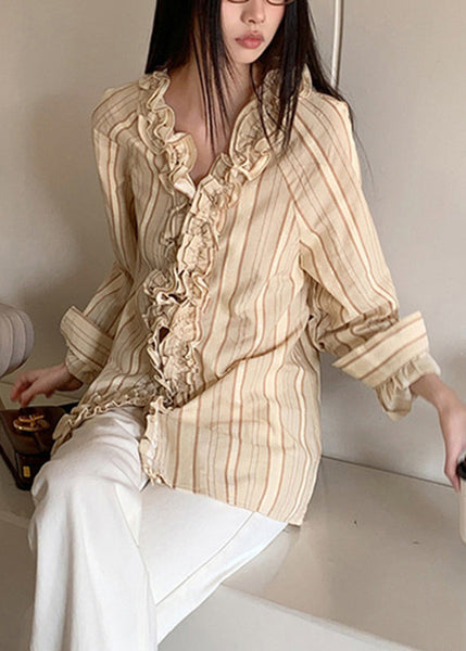 Art Beige V Neck Ruffled Striped Patchwork Shirts Spring RF030 ABC
