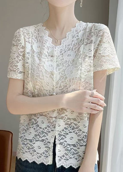 Lace Side Art Summer Shirts V Neck Beige Open FashionChic
