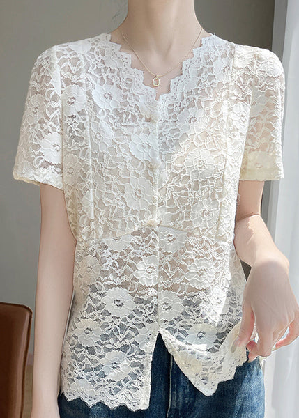 Lace Side Art Summer Shirts V Neck Beige Open FashionChic