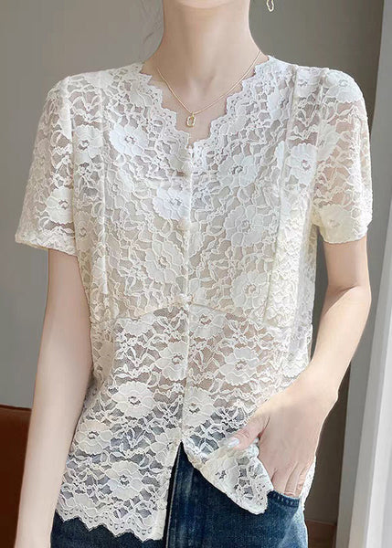 Lace Side Art Summer Shirts V Neck Beige Open FashionChic