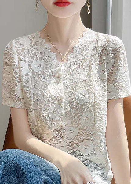 Lace Side Art Summer Shirts V Neck Beige Open FashionChic