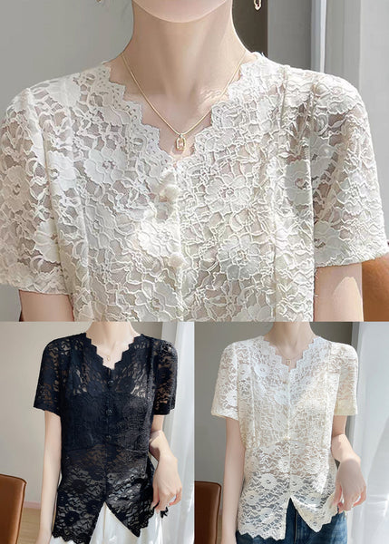 Lace Side Art Summer Shirts V Neck Beige Open FashionChic
