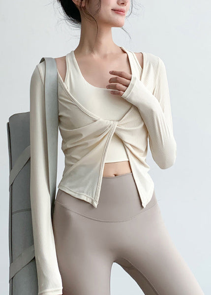 V Spring Yoga Wrinkled Art Tops Beige Neck FashionChic