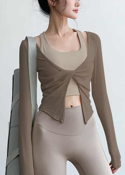 V Spring Yoga Wrinkled Art Tops Beige Neck FashionChic
