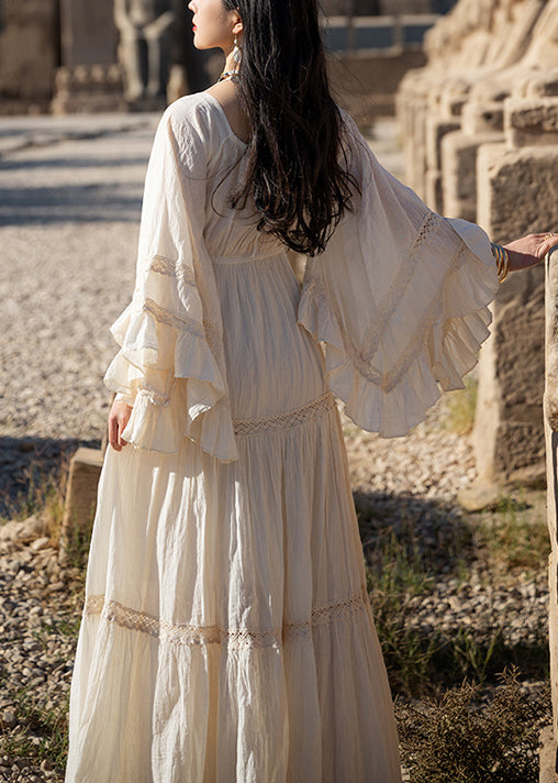 Cotton Beige Art Up Long Lace Sleeve Wrinkled Flare Dress FashionChic