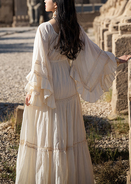 Cotton Beige Art Up Long Lace Sleeve Wrinkled Flare Dress FashionChic