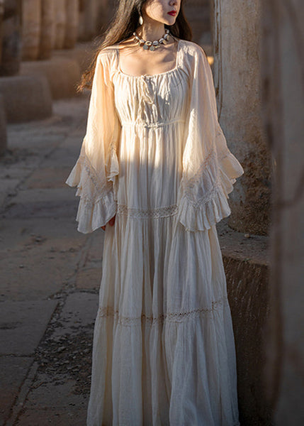 Cotton Beige Art Up Long Lace Sleeve Wrinkled Flare Dress FashionChic