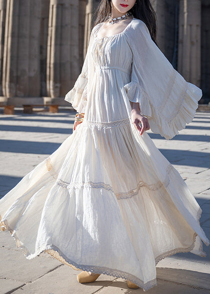 Cotton Beige Art Up Long Lace Sleeve Wrinkled Flare Dress FashionChic