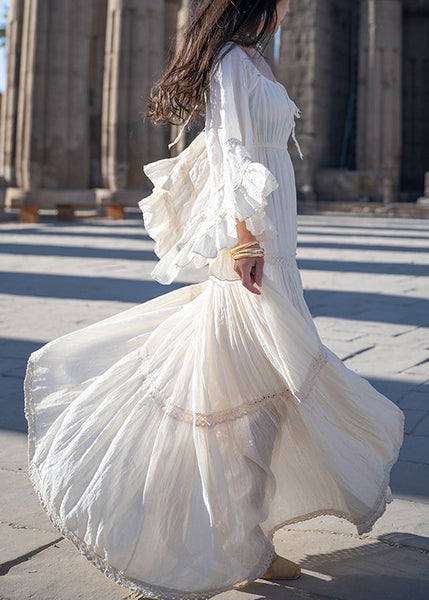 Cotton Beige Art Up Long Lace Sleeve Wrinkled Flare Dress FashionChic