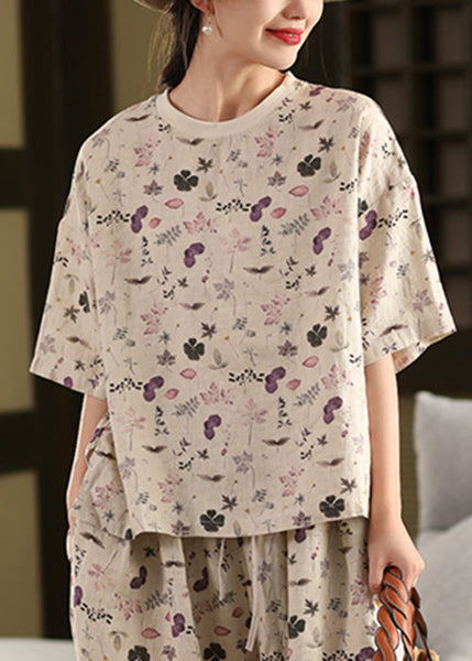 Summer Shirts Linen Black T Neck Print O Art FashionChic