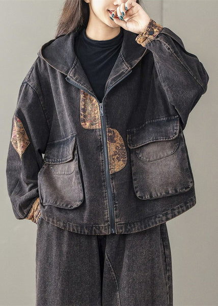 Hooded Art Spring Oversized Black Patchwork Jacket FashionChic