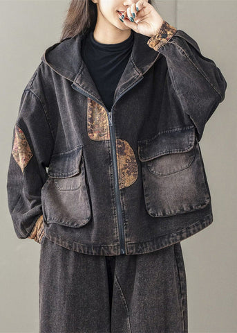 Hooded Art Spring Oversized Black Patchwork Jacket FashionChic