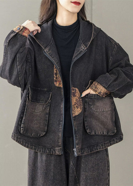 Hooded Art Spring Oversized Black Patchwork Jacket FashionChic