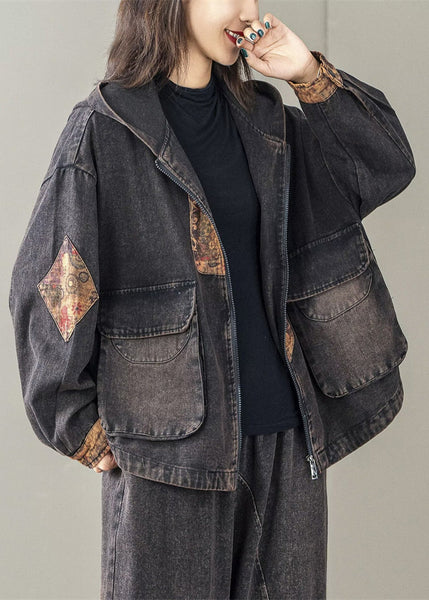 Hooded Art Spring Oversized Black Patchwork Jacket FashionChic