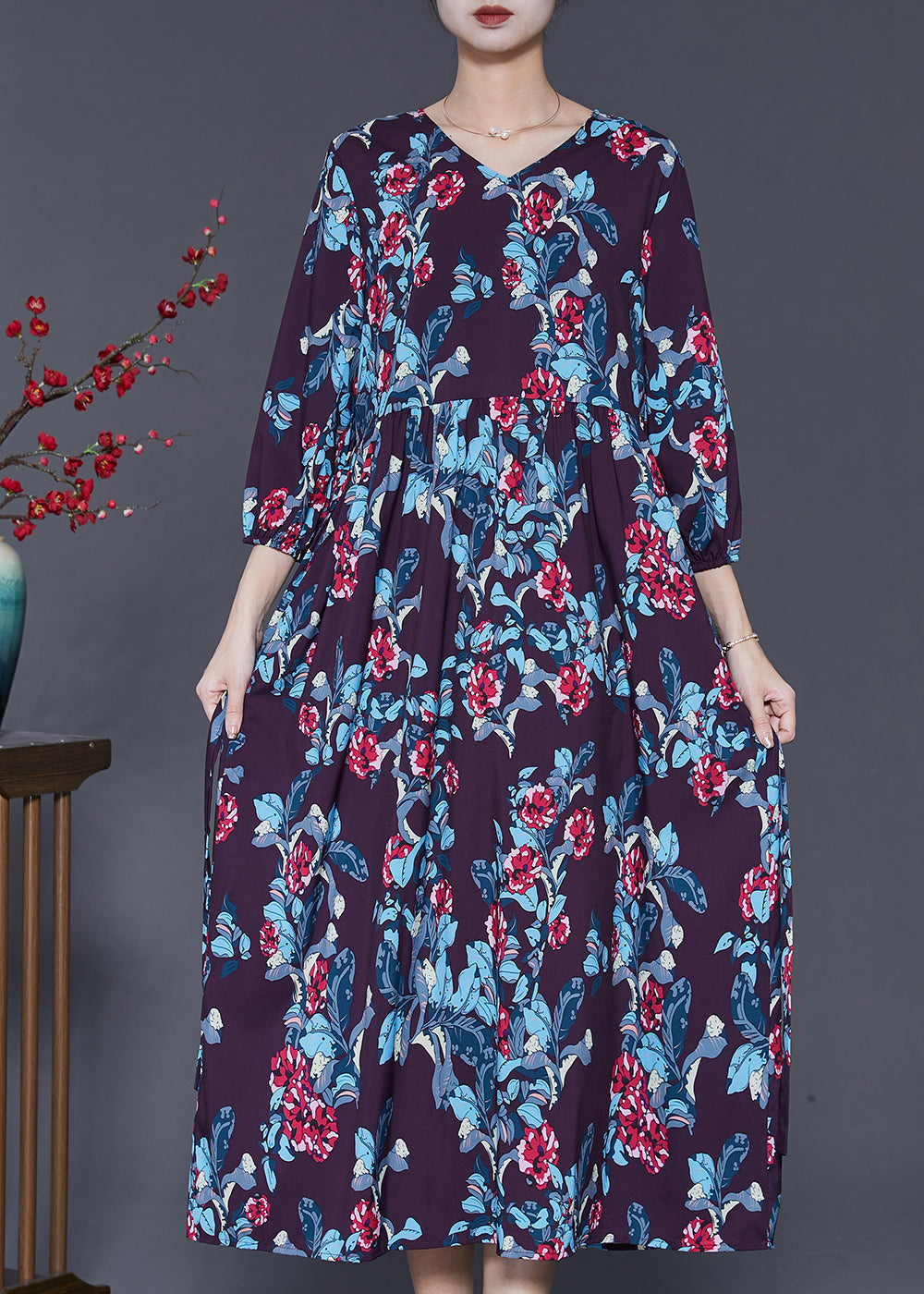 Art Black Oversized Print Silk Robe Dresses Bracelet Sleeve SD1006 Ada Fashion