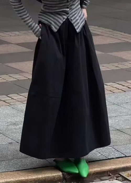 Waist Pockets Elastic Solid Skirt Cotton Fall Black Art FashionChic