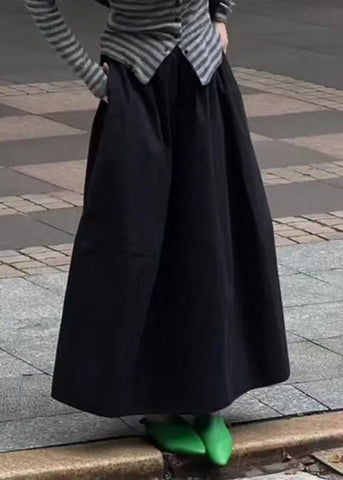 Waist Pockets Elastic Solid Skirt Cotton Fall Black Art FashionChic