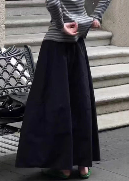Waist Pockets Elastic Solid Skirt Cotton Fall Black Art FashionChic